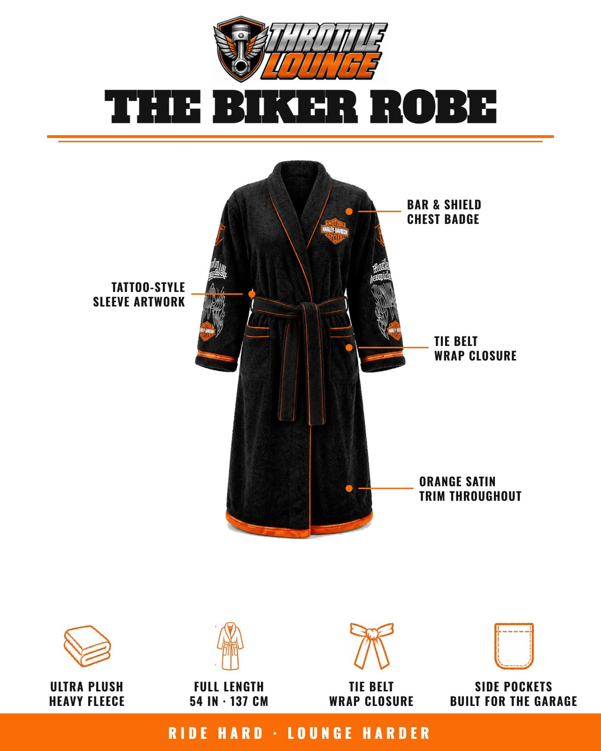 Biker robe feature breakdown: ultra plush fleece, 54 inch length, tie belt, side pockets