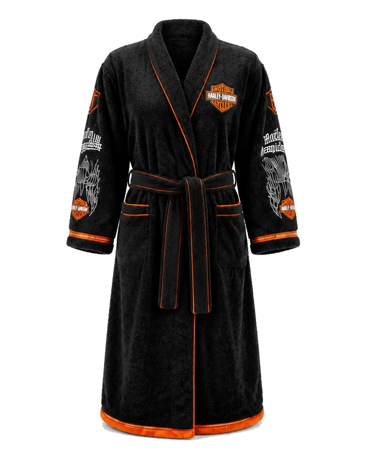 Harley-Davidson plush biker robe on a plain white background, front view