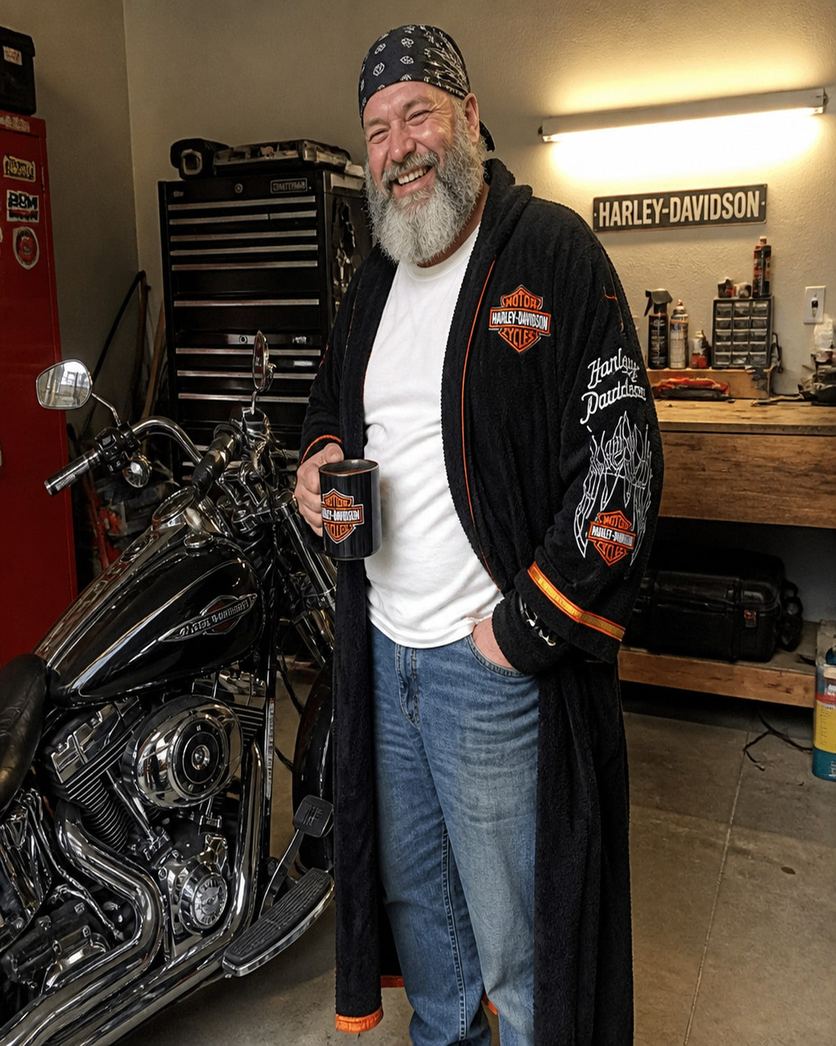 Biker wearing the plush Harley-Davidson robe in his garage beside his motorcycle